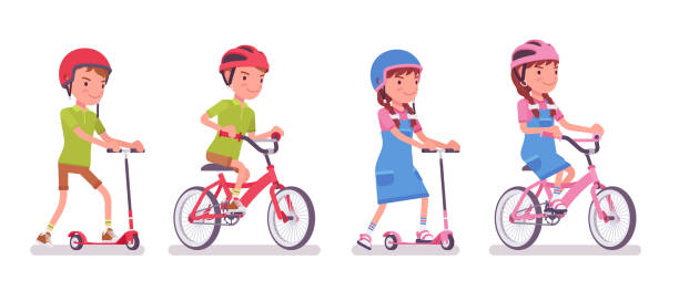 illustrations, cliparts, dessins animés et icônes de garçon, enfant de fille 7 à 9 ans, scooter de coup de pied de conduite, vélo - 6 7 years illustrations