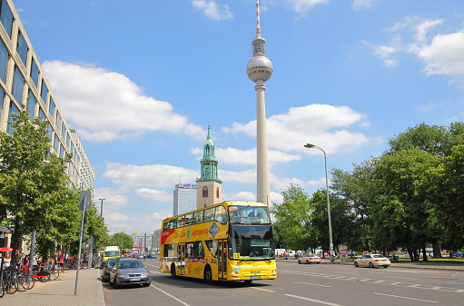 Berlin Germany - June 7, 2019: People take City Circle double decker tourist bus Berlin Germany
