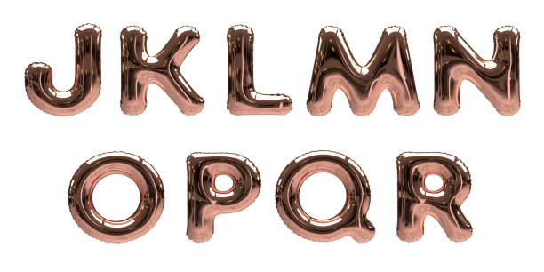 rose gold foil helium balloon alphabet letters j, k, l, m, n, o, p, q, r isolated on a white background - letter l letter p letter j letter m imagens e fotografias de stock