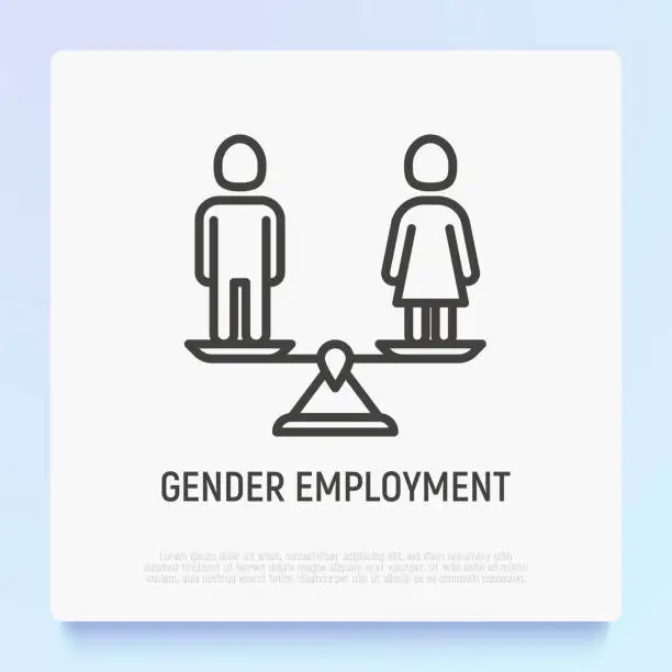 Vector illustration of Equal gender employment thin line icon: woman and man on the scales are equal. Modern vector illustration.
