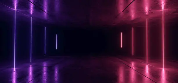Photo of Gate Neon Glowing Purple Blue Led Laser Vibrant Path Entrance Stage Night Background Concrete Reflective Futuristic Sci Fi Retro Modern Udnerground Tunnel Corridor Alien Spaceship 3D Rendering