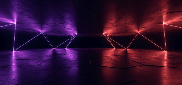 istock Sci Fi Neon Glowing Lights Blue Purple Background Chaotic Laser Gate Lines Floor Lasers Studio Stage Show Night Retro Futuristic Modern Empty Concrete Grunge Virtual Dark 3D Rendering 1173577671