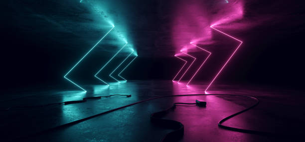 istock Sci Fi Neon Glowing Lights Blue Purple Shaped Lines Cables Plugs Floor Lasers Studio Stage Show Night Retro Futuristic Modern Background Empty Concrete Grunge Virtual Dark 3D Rendering 1173577747