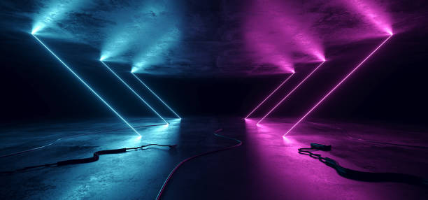 istock Sci Fi Neon Glowing Lights Blue Purple Shaped Lines Cables Plugs Floor Lasers Studio Stage Show Night Retro Futuristic Modern Background Empty Concrete Grunge Virtual Dark 3D Rendering 1173577801