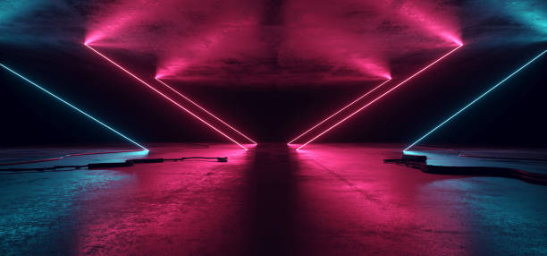 istock Sci Fi Neon Glowing Lights Blue Purple Shaped Lines Cables Plugs Floor Lasers Studio Stage Show Night Retro Futuristic Modern Background Empty Concrete Grunge Virtual Dark 3D Rendering 1173577911