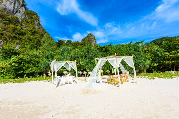 известняковые карстовые скалы на пляже ао пхра нанг с тайской традиционной деревянной длиннохвостой лодкой на полуострове райлай, недалек - phuket province beach blue cliff стоковые фото и изображения