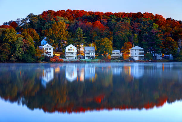 autumn in boston's brighton neighborhood - reflection imagens e fotografias de stock