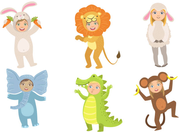 Cute Happy Kids Dressed Animal Costumes Set, Elephant, Crocodile, Monkey, Rabbit, Bunny, Lion, Sheep Vector Illustration Cute Happy Kids Dressed Animal Costumes Set, Elephant, Crocodile, Monkey, Rabbit, Bunny, Lion, Sheep Vector Illustration on White Background. kid animal costume stock illustrations