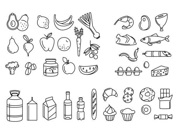 illustrations, cliparts, dessins animés et icônes de icônes linéaires épicerie de supermarché nourriture, boissons, légumes, fruits, poisson, viande, produits laitiers, bonbons - coffee alcohol wine chocolate