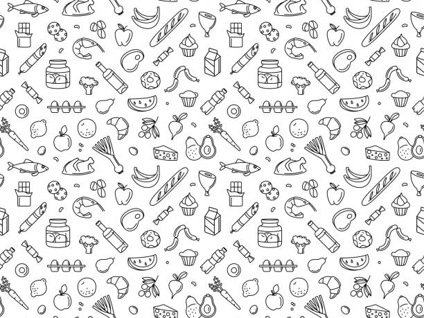 ilustrações de stock, clip art, desenhos animados e ícones de seamless pattern supermarket grocery store food, drinks, vegetables, fruits, fish, meat, dairy, sweets - comida ilustrações