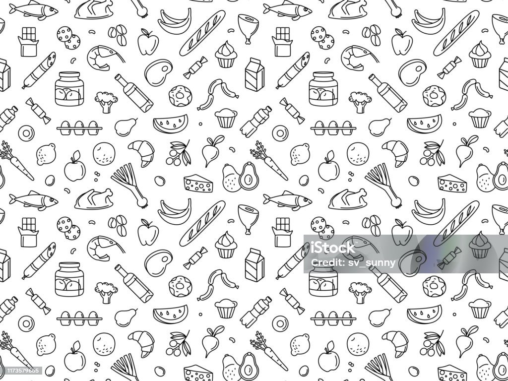 Seamless pattern supermarket grocery store food, drinks, vegetables, fruits, fish, meat, dairy, sweets Supermarket grocery store food, drinks, vegetables, fruits, fish, meat, dairy, sweets market products goods seamless thin line icons background pattern. Vector illustration in linear simple style. Food stock vector