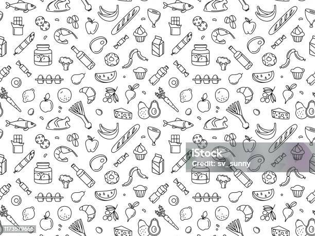 Seamless Pattern Supermarket Grocery Store Food Drinks Vegetables Fruits Fish Meat Dairy Sweets Stock Illustration - Download Image Now