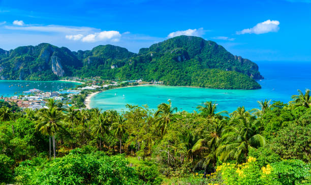 istock Koh Phi Phi Don, Viewpoint - Paradise bay with white beaches. View from the top of the tropical island over Tonsai Village, Ao Tonsai, Ao Dalum. Krabi Province, Thailand. 1173580632