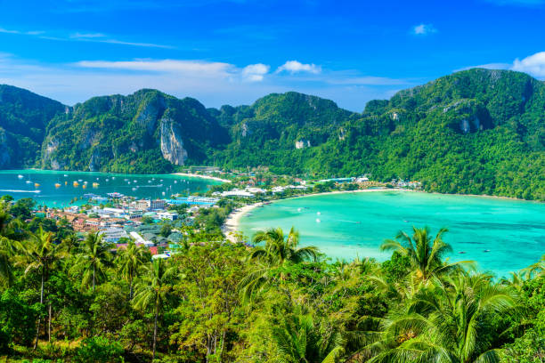 istock Koh Phi Phi Don, Viewpoint - Paradise bay with white beaches. View from the top of the tropical island over Tonsai Village, Ao Tonsai, Ao Dalum. Krabi Province, Thailand. 1173580692