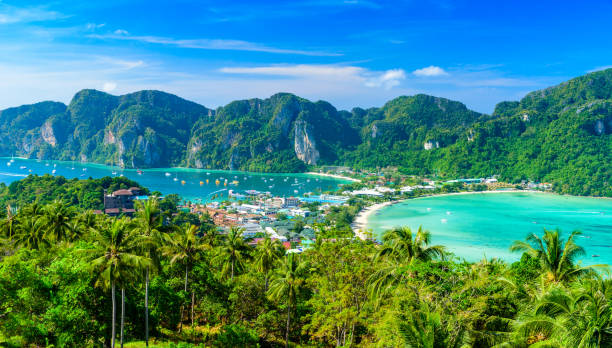 istock Koh Phi Phi Don, Viewpoint - Paradise bay with white beaches. View from the top of the tropical island over Tonsai Village, Ao Tonsai, Ao Dalum. Krabi Province, Thailand. 1173580873