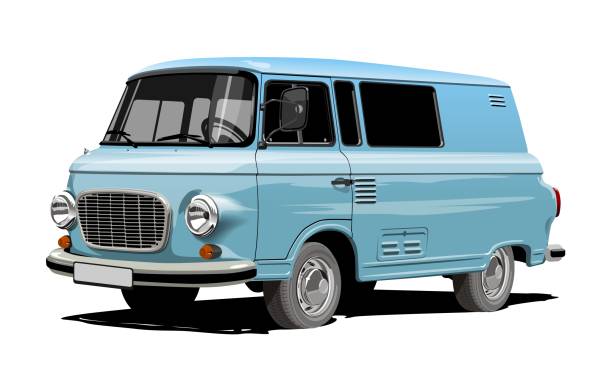 Vector retro van Retro van isolated on white background. EPS-10 separated by groups and layers with transparency effects for one-click repaint and easy edit. minivan stock illustrations