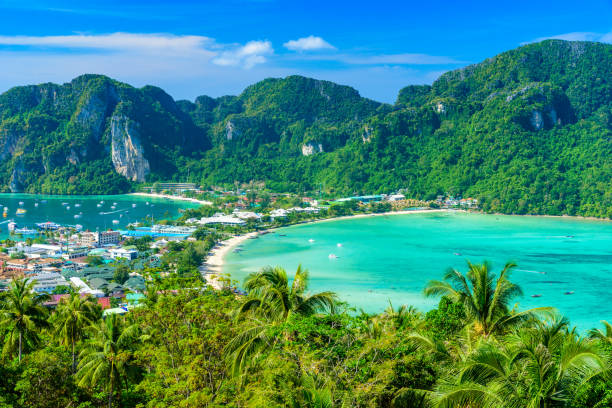 istock Koh Phi Phi Don, Viewpoint - Paradise bay with white beaches. View from the top of the tropical island over Tonsai Village, Ao Tonsai, Ao Dalum. Krabi Province, Thailand. 1173580936