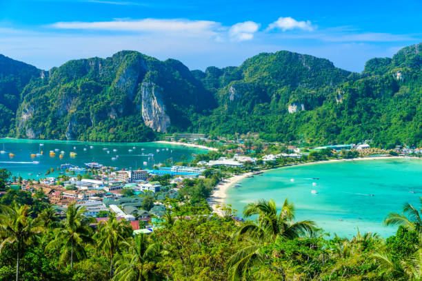 istock Koh Phi Phi Don, Viewpoint - Paradise bay with white beaches. View from the top of the tropical island over Tonsai Village, Ao Tonsai, Ao Dalum. Krabi Province, Thailand. 1173580977