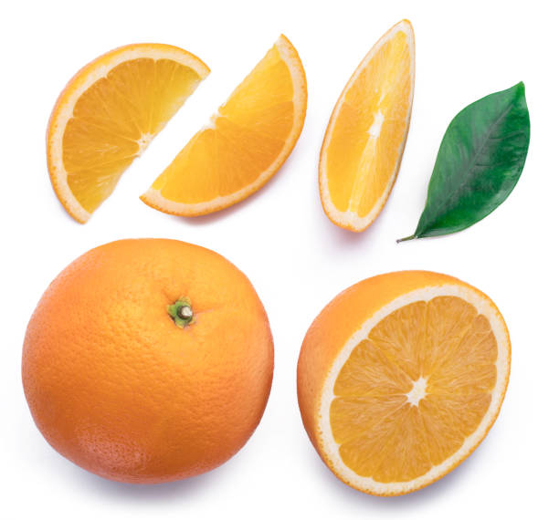 istock Orange fruit, orange slice and leaf isolated on white background. 1173583351