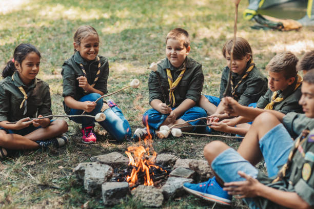 gruppo di scout arrosto caramelle marshmallow su falò nella foresta - children only adventure exploration education foto e immagini stock