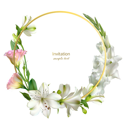 White flowers. Gladiolus. Floral background. Eustoma. Lilies. Green leaves.