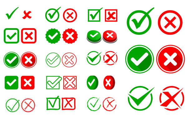 ilustraciones, imágenes clip art, dibujos animados e iconos de stock de conjunto de marca de verificación o concepto de opción de signo incorrecto y derecho. - approved check mark ok green