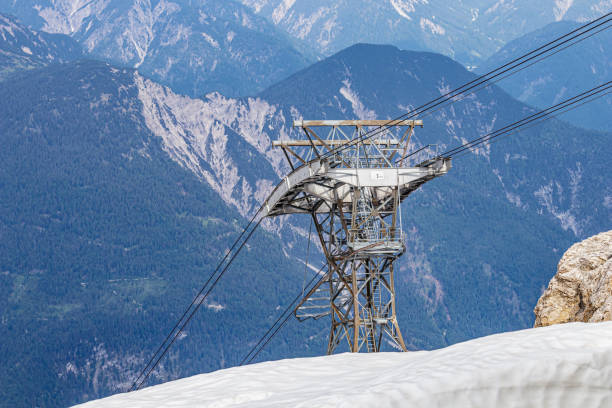 der stützmast der seilbahn zum gipfel der zugspitze in tirol, österreich - ski slope overhead cable car snow frost stock-fotos und bilder