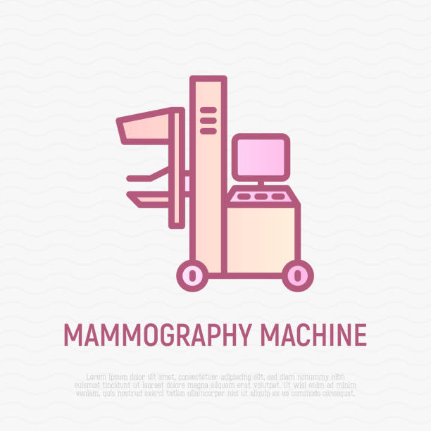 illustrations, cliparts, dessins animés et icônes de icône de ligne mince de machine de mammographie. matériel de laboratoire. illustration moderne de vecteur. - mammogram