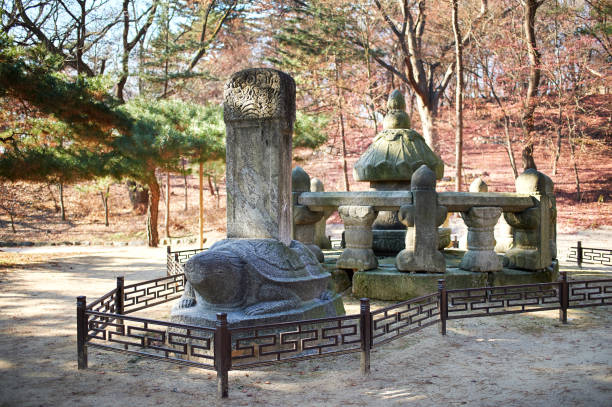 A view from Injeongjeon(仁政殿), the throne hall of Changdeokgung Palace（昌徳宮）in Korea. The green object is a container for fireproof water and is set up to get rid of the fire demon./ Jongno-gu, Seoul, South Korea/ 1-1-2019