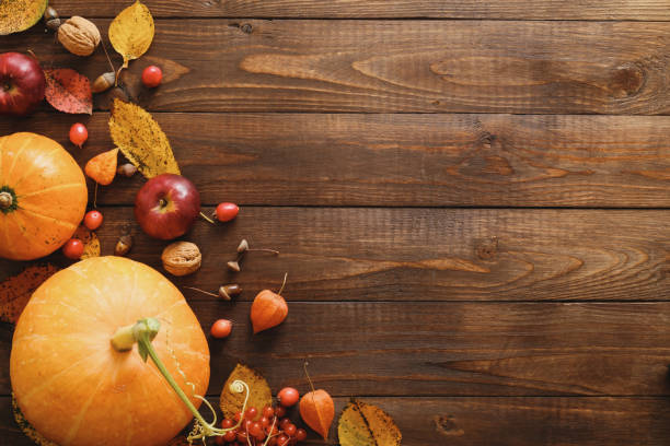 istock Creative Top view flat lay autumn composition. Frame border made of pumpkins, dried fall leaves, red berries, apples, walnuts on wooden background. Thanksgiving, Halloween, Autumn Harvest concept. 1173588220