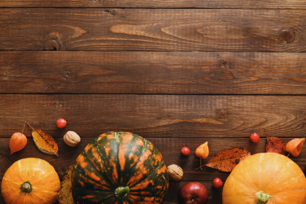 istock Creative Top view flat lay autumn composition. Frame border made of pumpkins, dried fall leaves, red berries, apples, walnuts on wooden background. Thanksgiving, Halloween, Autumn Harvest concept 1173589367
