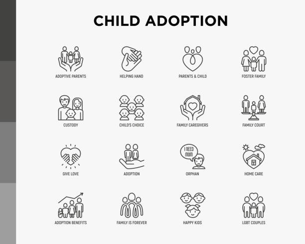 illustrations, cliparts, dessins animés et icônes de les icônes de la ligne mince d'adoption d'enfant : parents adoptifs, main d'aide, orphelin, soins à domicile, couple lgbt avec enfant, garde, soignants, enfant heureux. illustration moderne de vecteur. - mother baby child symbol