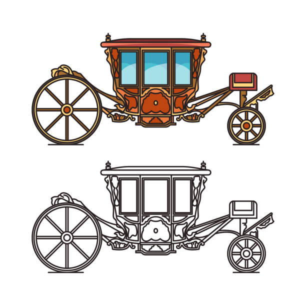 Medieval royal carriage icons or wedding chariot Medieval royal carriage icons or isolated wedding chariot, retro buggy. Coach of patriarchs or stagecoach brougham transport, fairytale waggon or dormeuse vehicle contour, cartoon cab for marriage caleche stock illustrations