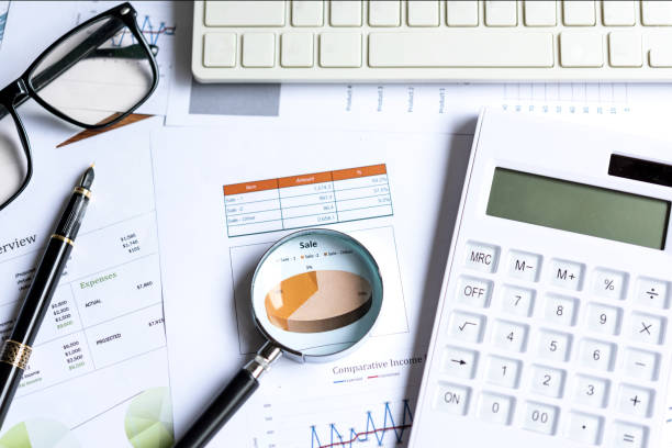 istock Magnifying glass on pie chart with statistics accounting info which including of many economic statistics business.  Business Concept 1173593413