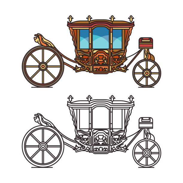 Wedding or marriage carriage, retro royal chariot Wedding or marriage carriage, retro royal chariot or medieval brougham. Coach of D. Maria Ana of Austria. Cartoon fairytale cab icon. Stagecoach or waggon, dormeuse, old transport for princess caleche stock illustrations