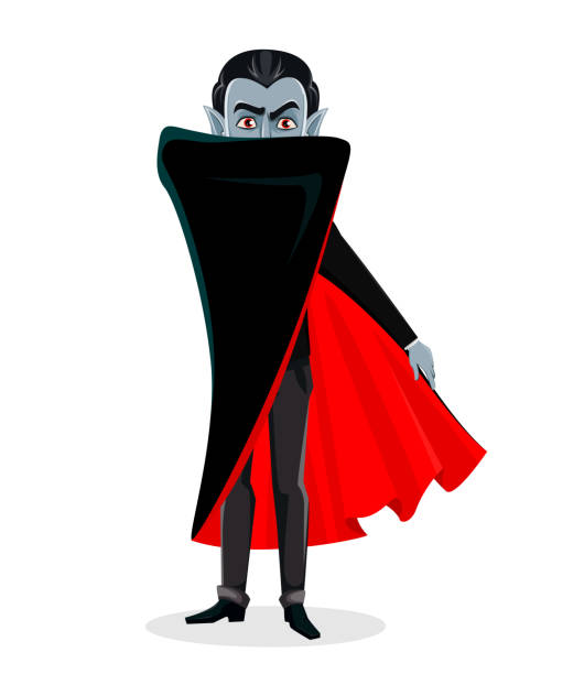 Happy Halloween. Vampire cartoon character Happy Halloween. Vampire cartoon character in red cape hides his face behind cape. Vector illustration on white background vampire stock illustrations