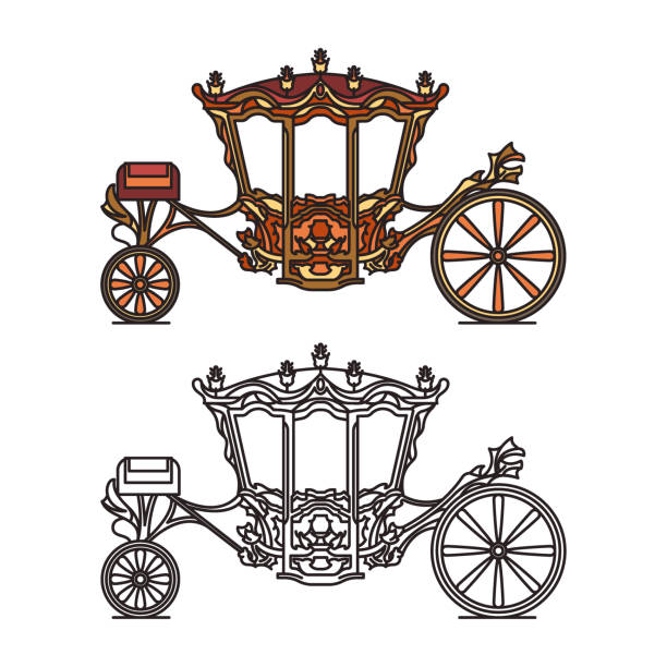 Royal medieval wheel transport or vintage carriage Royal medieval wheel transport or vintage carriage, dormeuse chariot for wedding, buggy for marriage, classic brougham for queen or princess, coach of D. Joao V . Contour icon of waggon. caleche stock illustrations