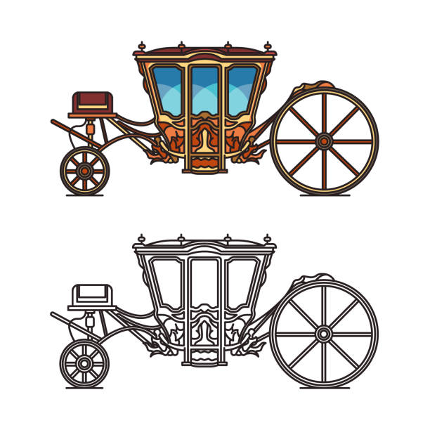 Vintage royal chariot or retro buggy for wedding Vintage royal chariot or retro buggy for wedding, Pedro coach or old victorian wheel transport, brougham, vehicle. Fairytale princess cart or medieval wagon. Contour of carriage for icon.Marriage caleche stock illustrations