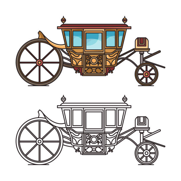 Isolated vintage chariot or carriage for wedding Isolated vintage chariot for wedding or old carriage for marriage. Coach of Maria Francisca de Saboia, landau cart for princess, fairytale clarence or contour of victorian cab, romantic wagon, waggon caleche stock illustrations