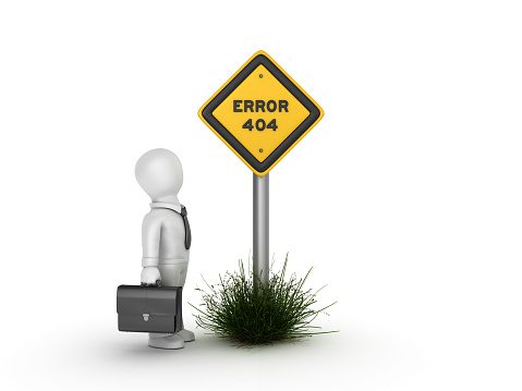 ERROR 404 Road Sign with Business Character - White Background - 3D Rendering