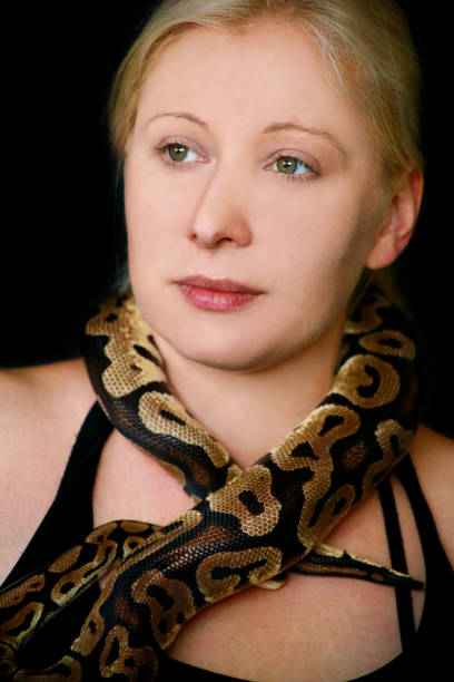 istock Portrait of girl with Royal Python snake. Woman holds Ball Python snake around neck and in hands, posing in front the camera. Exotic tropical cold-blooded reptile animal, Python regius species snake. 1173594808