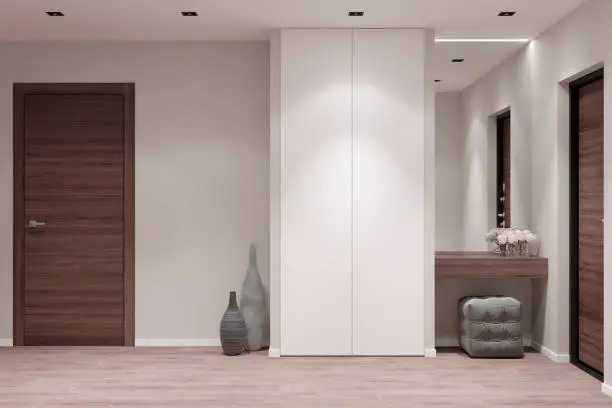 Photo of Entrance hall in the apartment with wardrobe, mirror, pouf