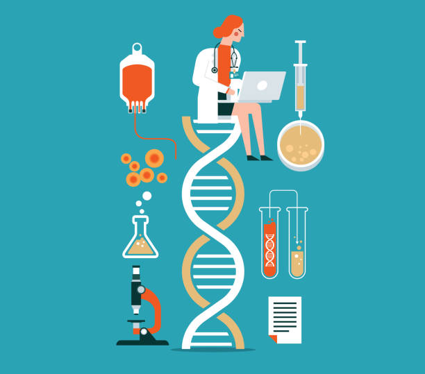 ilustraciones, imágenes clip art, dibujos animados e iconos de stock de biotecnología - doctora femenina - dna genetic research medicine therapy