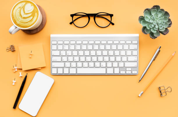 istock Flat lay of business equipment on color worktable background.Element office design 1173599438