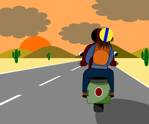 Vector illustration of The couple are riding a motorbike together happily on the beautiful love road at sunset.