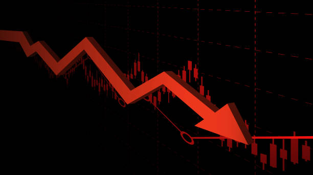 illustrazioni stock, clip art, cartoni animati e icone di tendenza di grafico finanziario astratto con grafico a linee di tendenza al ribasso e freccia in borsa su sfondo rosso - graph arrow sign chart single line