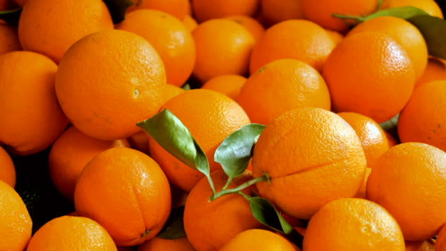 Citrus fruits. Close-up shot of fresh ripe oranges in the food market. 4K