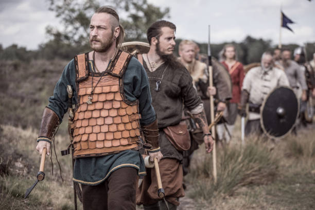 istock Viking warriors outdoors leading a scouting mission 1173603848