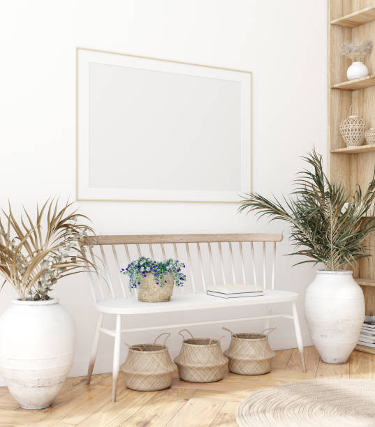 istock Mock up poster in Scandinavian interior with bench, baskets and palm branches in pots 1173603994