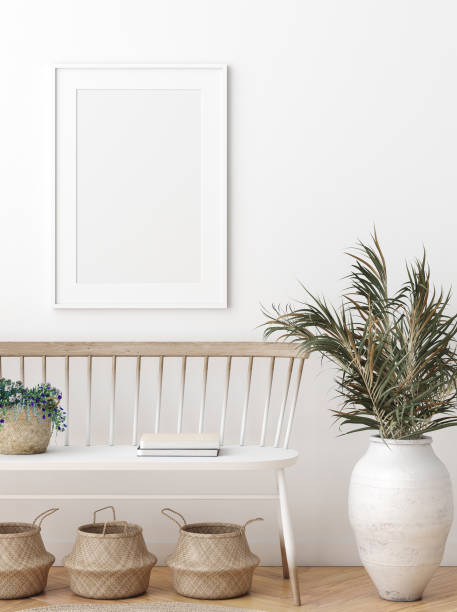 istock Mock up poster in Scandinavian interior with bench, baskets and palm branches in pots 1173603998